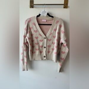 105. Pink Lily, Cream Pink Heart Knit Cardigan 23” P2P, Size S